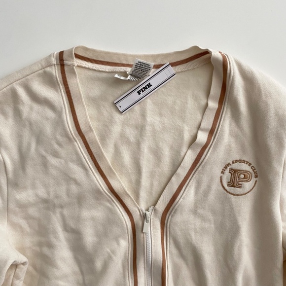 PINK Victoria's Secret Sweater Varsity Full Zip Cardigan Logo Ivory Stripe Nwt L - Picture 2 of 3